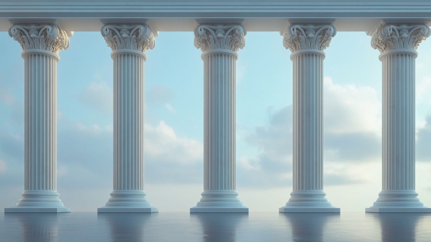 Five classical columns with ornate capitals stand in a row against a backdrop of a blue sky with soft clouds, evoking the fusion of traditional architecture with modern technological advancements such as AI and automation. This serene scene, reminiscent of an era where human craftsmanship met the precision of todays technology-driven artistry, is amplified by their reflection on the glossy surface below, symbolizing how artificial intelligence and machine learning mirror our human ingenuity.