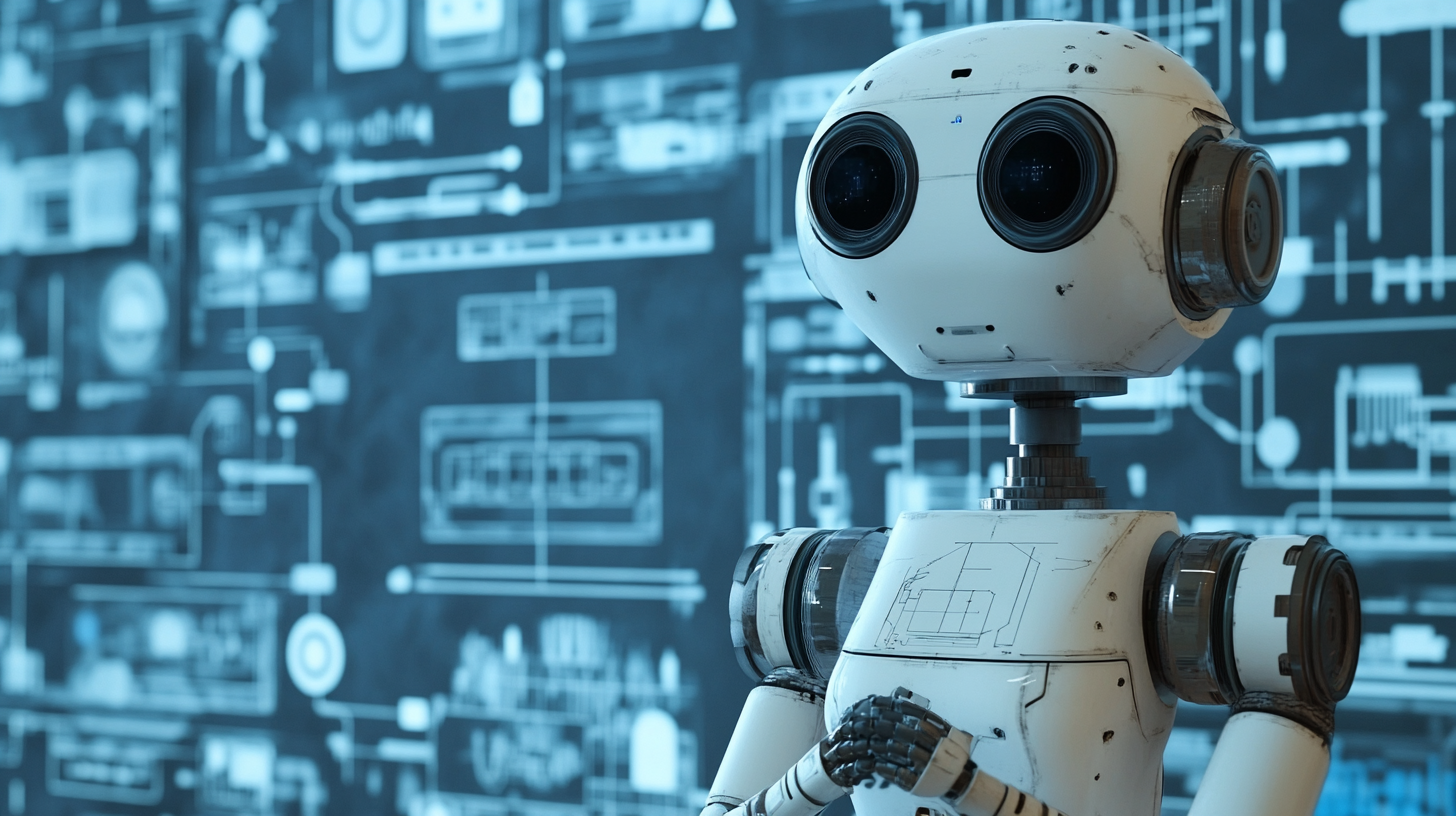 A white robotic entity with large, circular optical sensors stands against a backdrop of blue and white technological elements, intertwined with complex diagrams and intricate circuitry patterns. This AI-driven automaton boasts a futuristic design, featuring articulated joints and a sleek, metallic chassis. Its appearance embodies advanced machine learning algorithms and state-of-the-art automation technology.