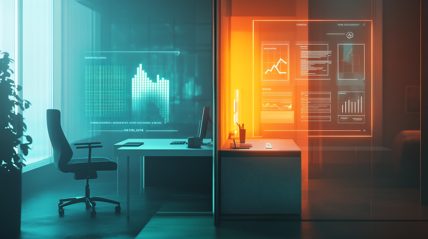A state-of-the-art, client-centric office seamlessly integrates AI and automation technologies, divided by sleek glass panels. At the center, a contemporary desk with an ergonomic chair is surrounded by transparent screens displaying dynamic digital graphs. On the left side, cool-toned blue data visualizations depict machine learning analytics and predictive modeling outcomes, while on the right side, warm-toned orange charts illustrate automated process efficiencies and intelligent workflow statistics. This setup creates a striking contrast between AI-driven insights and automated solutions within a cutting-edge workspace environment.