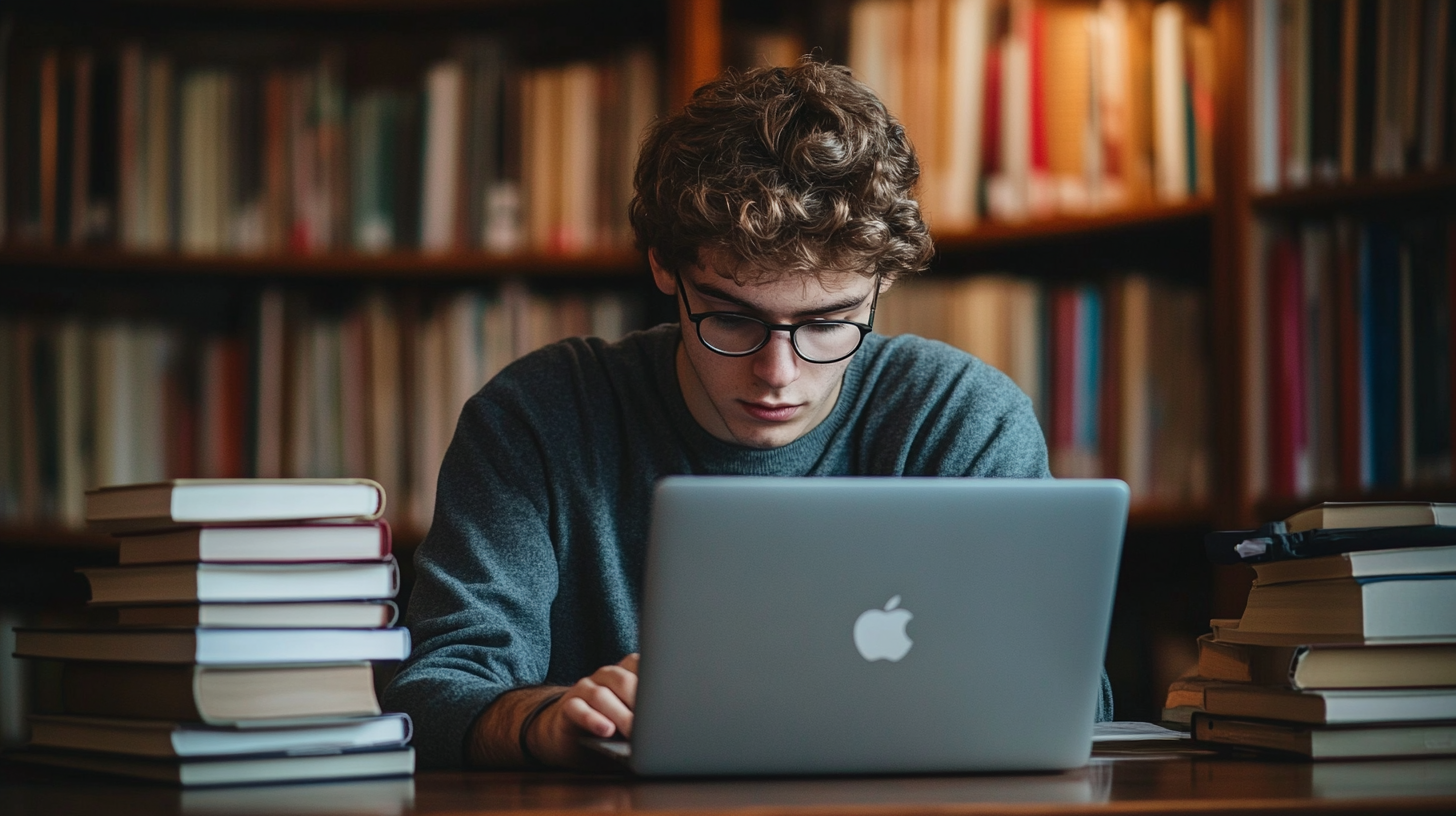 A person with curly hair and glasses is intently focused on a laptop in a library, diving into beginner-level Python programming—a fundamental skill in the realms of AI and automation. Surrounded by stacks of books, perhaps encompassing topics from machine learning to robotic process automation, the shelves behind are filled with more literature on artificial intelligence, neural networks, and data science tools. This creates an immersive atmosphere of study and concentration as they explore coding techniques that fuel the development of intelligent systems.