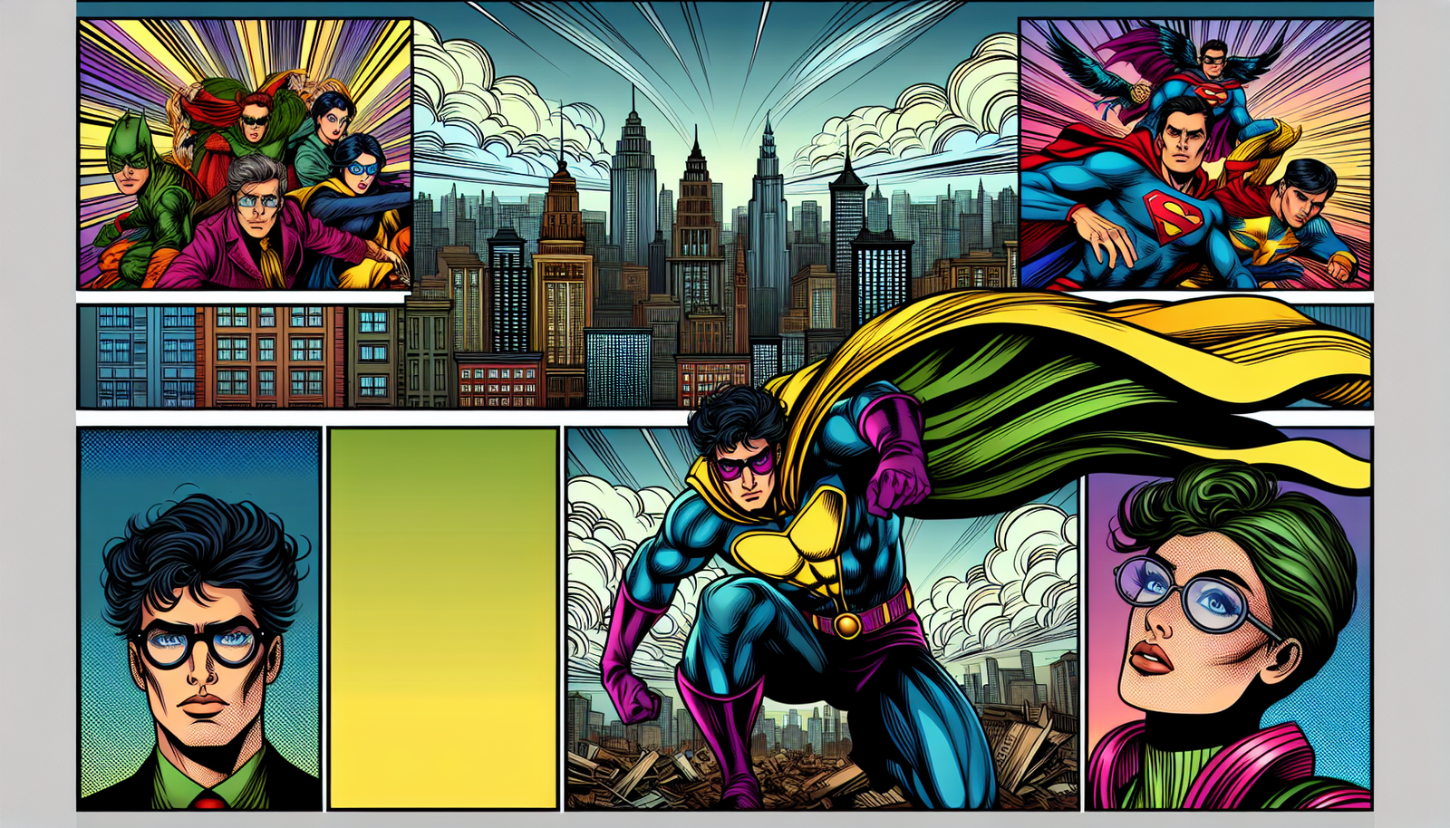 A vibrant comic book page, infused with themes of AI and automation, showcases superheroes soaring over a futuristic city skyline. The panels depict a tech-savvy hero with smart glasses integrated with augmented reality capabilities, and another hero striking a dynamic pose aided by an automated cape that adapts to various flight dynamics. A female hero, distinguished by her green hair and high-tech glasses equipped with AI-enhanced optical sensors, stands strategizing. At the heart of the action is a central image featuring a hero in a yellow and blue costume powered by advanced robotic exoskeleton technology for enhanced strength and agility.
