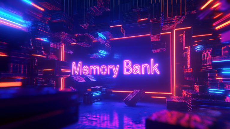 In a neon-lit futuristic room, glowing Cline Memory Bank text emerges against a black backdrop. Surrounded by abstract, illuminated shapes and patterns, it guides you like an ethereal cursor through a mesmerizing digital landscape of AI and automation.