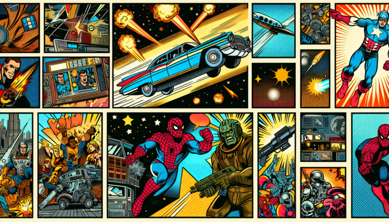 Comic book collage: superheroes, AI, automation, robots, action scenes.