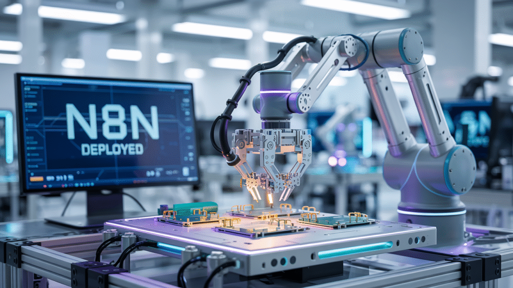 Robotic arm automates circuit board assembly; AI process, n8n workflow.