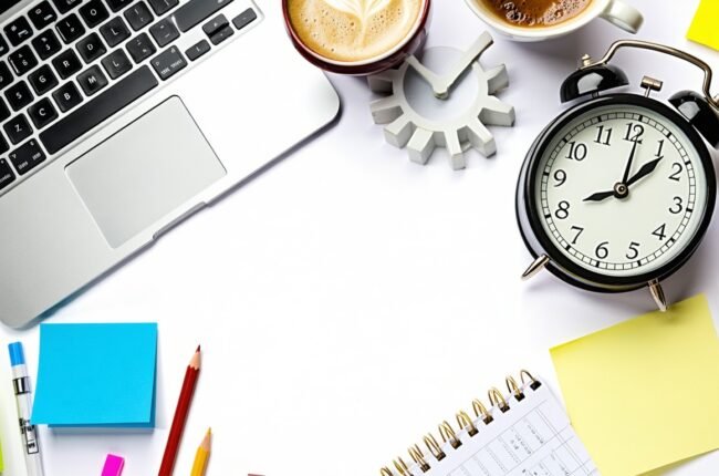 AI automation workspace: laptop, alarm clock, coffee, notebook, office tools.