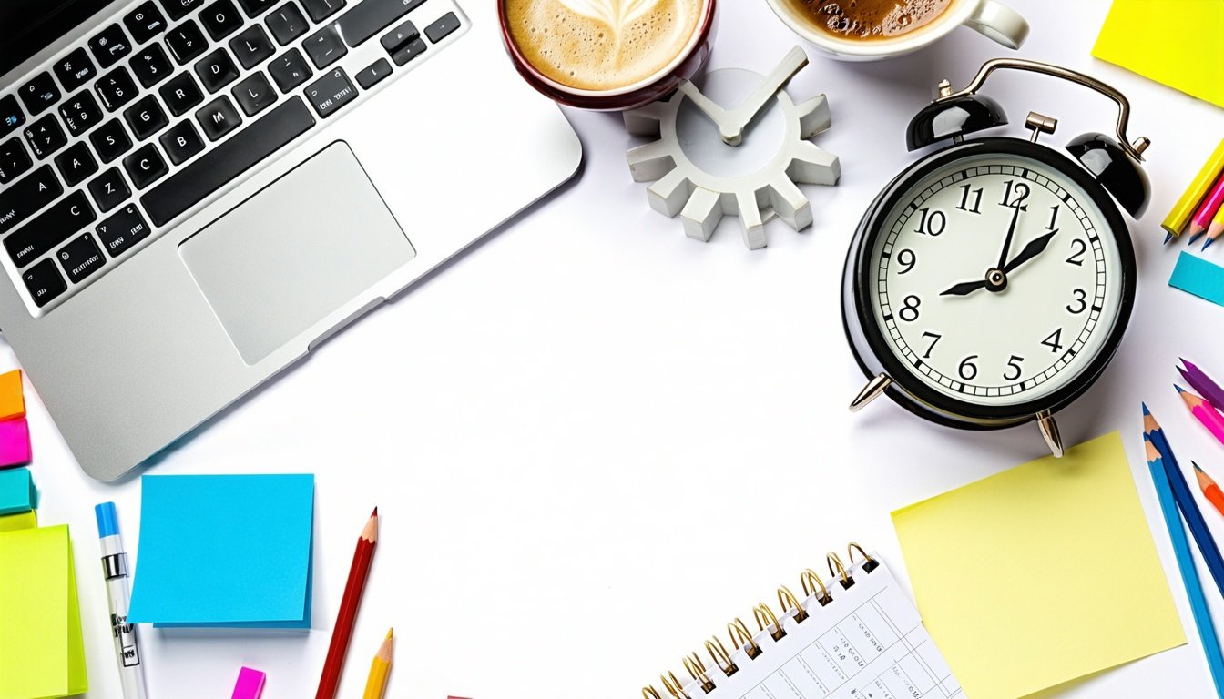 AI automation workspace: laptop, alarm clock, coffee, notebook, office tools.
