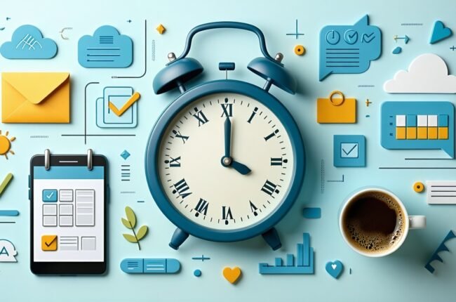 Blue alarm clock, AI automation icons: email, checklist, productivity tips.