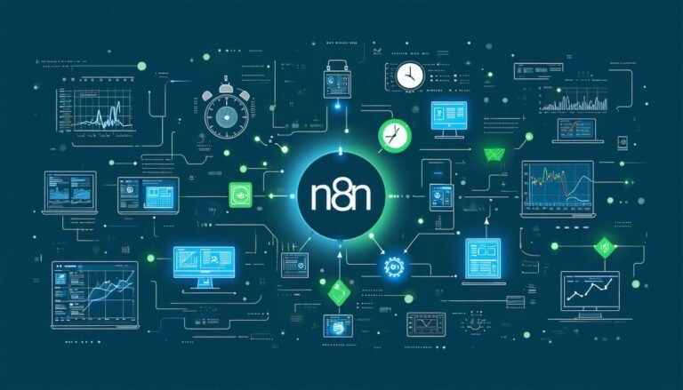 Digital illustration: n8n, AI automation, machine learning, data integration.