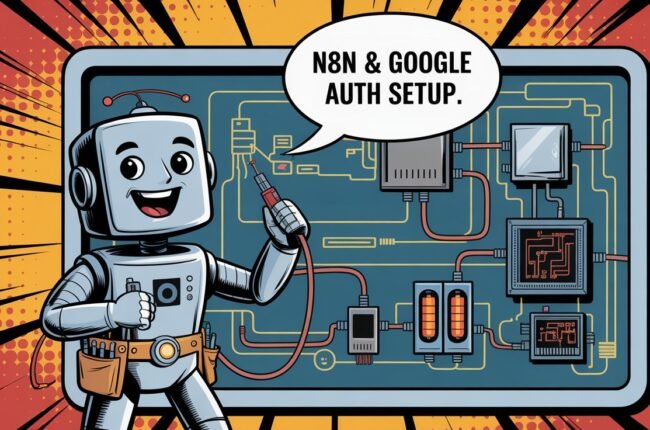 Cartoon AI robot connects automation cable, N8N, Google API setup.