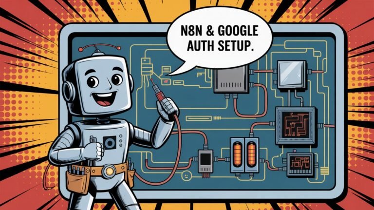 Cartoon AI robot connects automation cable, N8N, Google API setup.