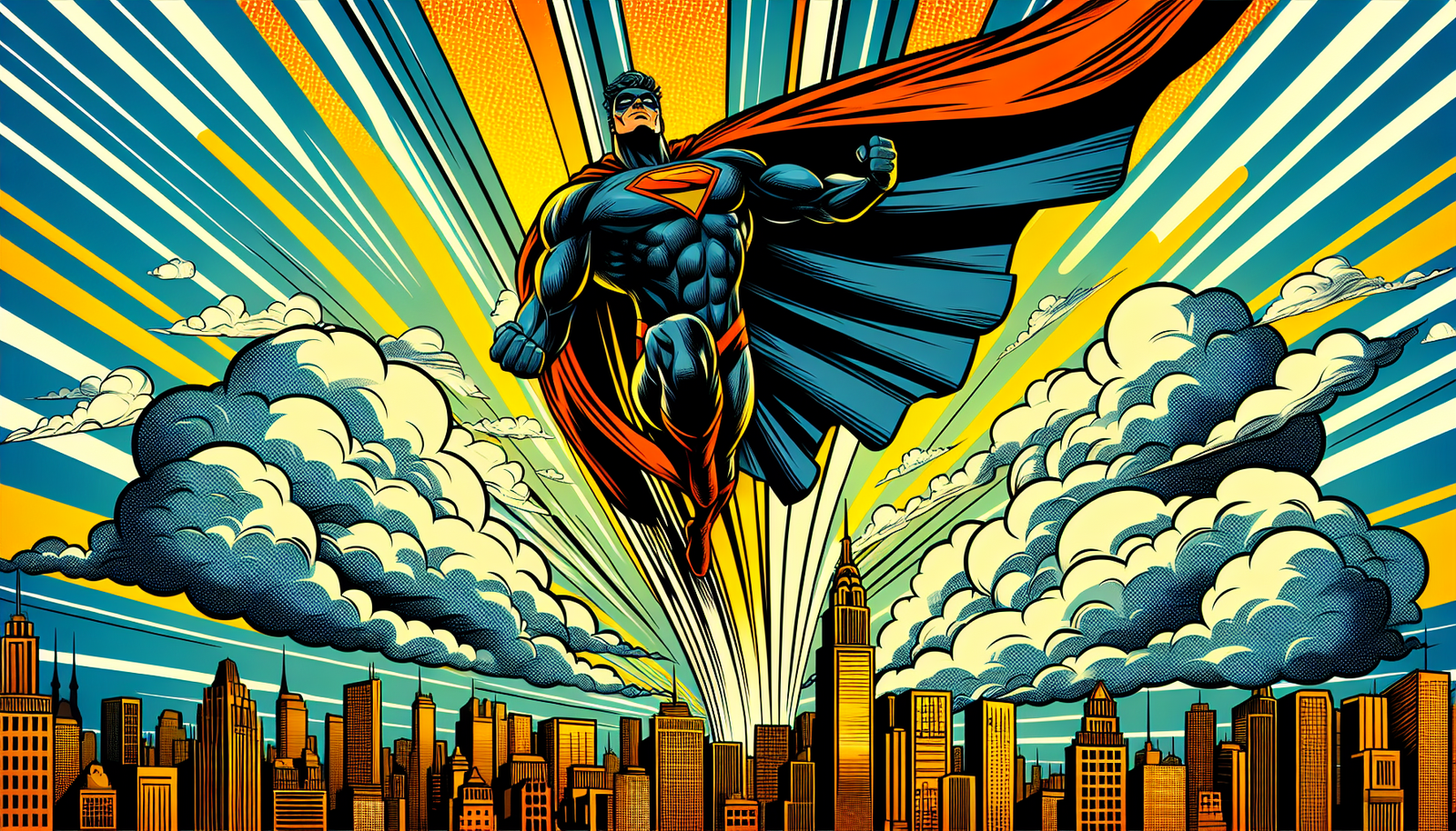 AI and automation superheroes battle villains, city chaos, explosions.