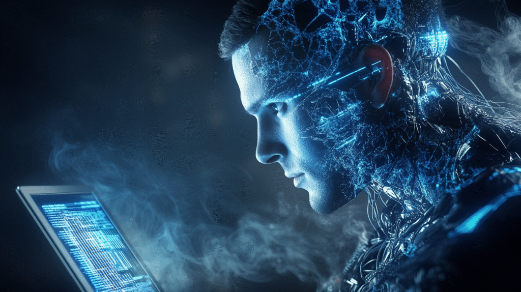 AI humanoid with glowing circuits uses n8n automation, digital effects.