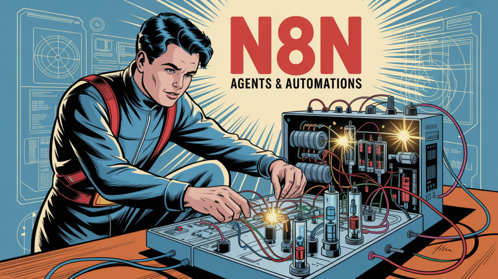 Retro man operates AI-driven automation device; N8N Smart Workflows.