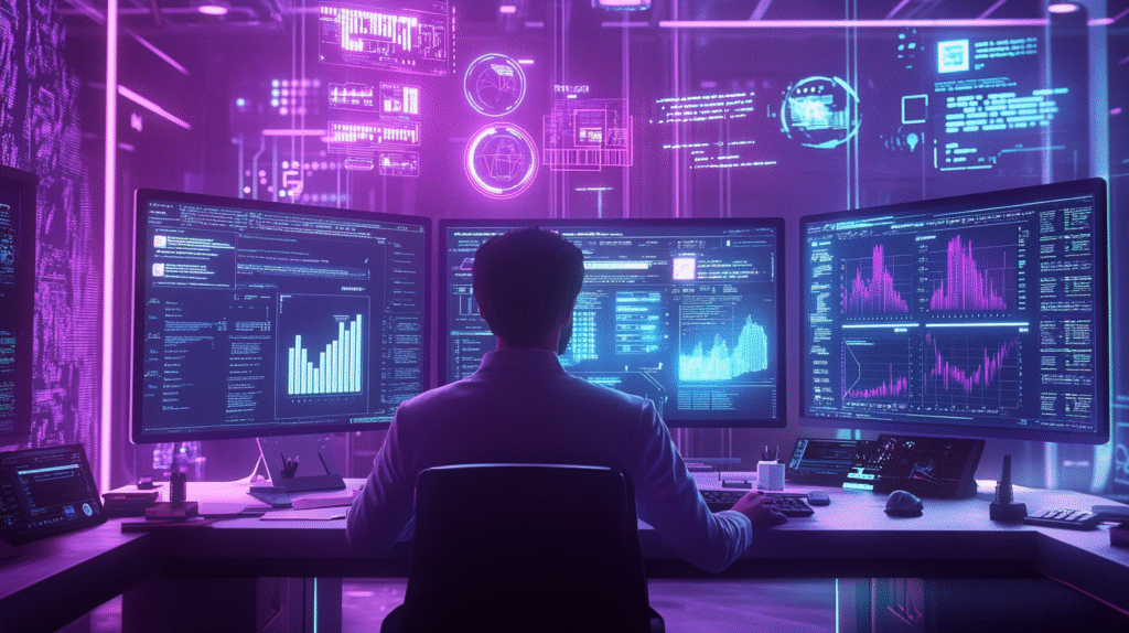Person studies AI, machine learning, RPA, data analytics at desk.
