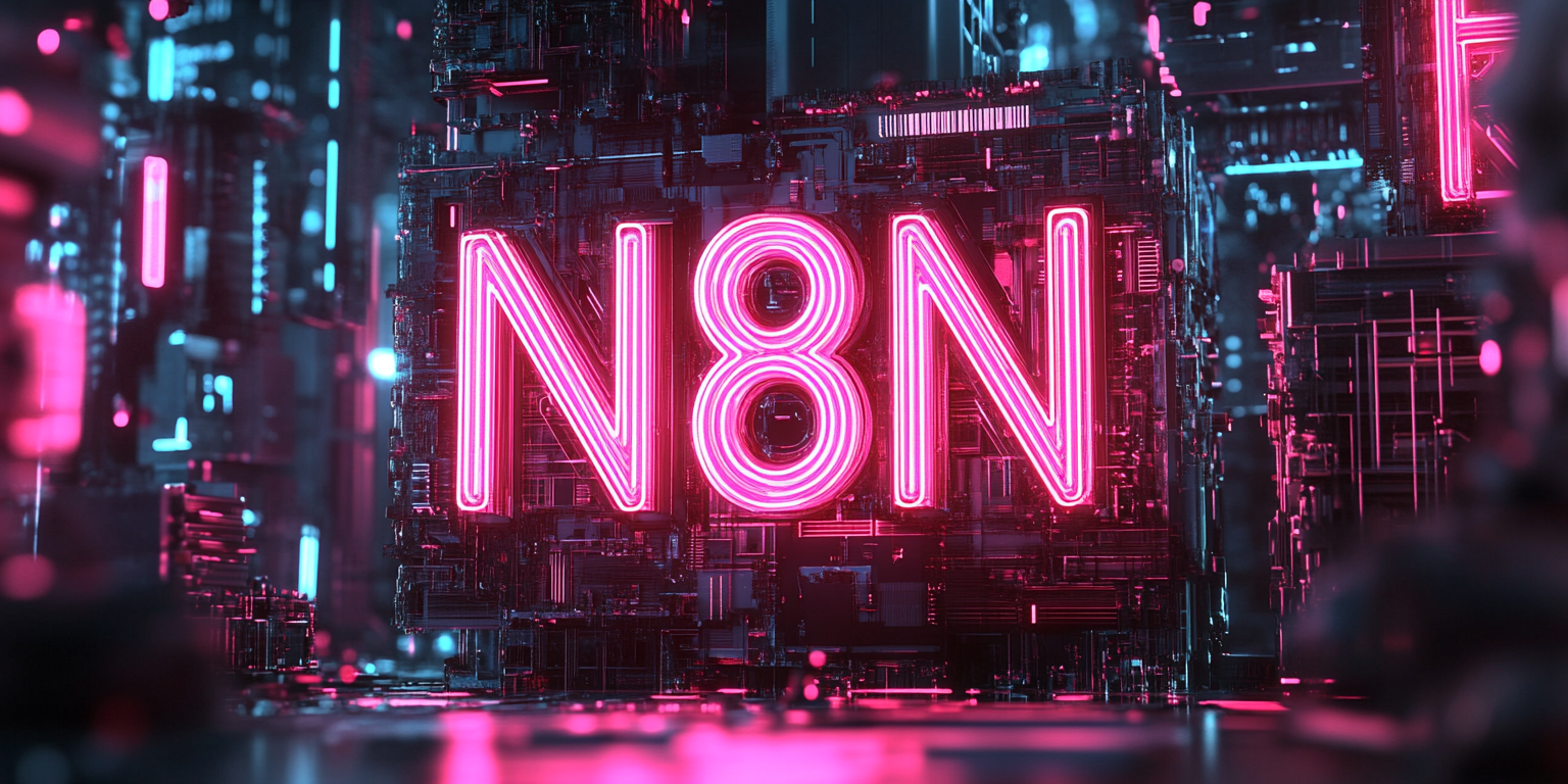 N8N neon sign, AI automation, workflow, bots; futuristic background.