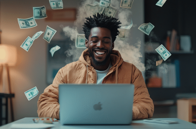 Smiling man using laptop, AI automation, dollars, home office.