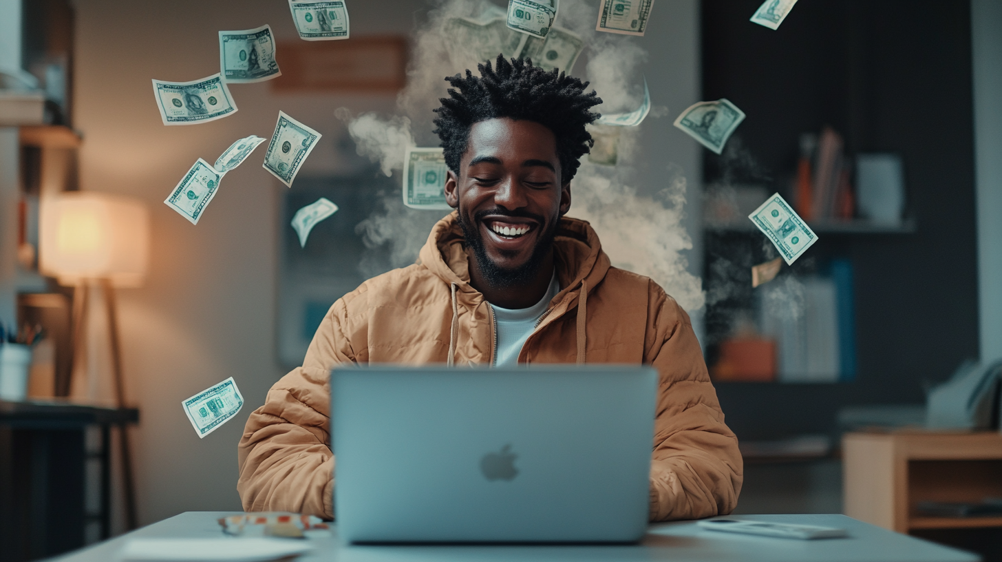 Smiling man using laptop, AI automation, dollars, home office.