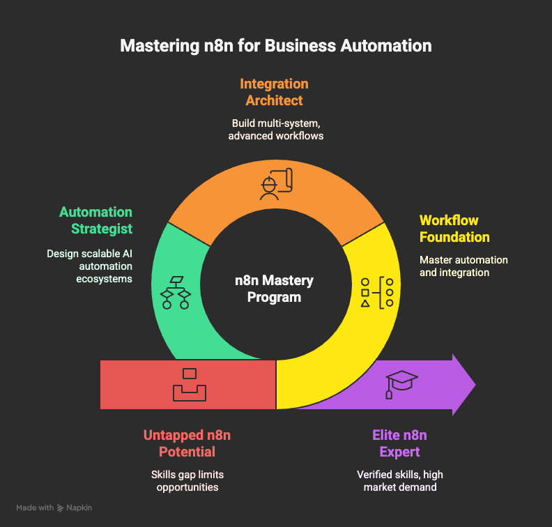 Circular diagram: AI Integrator, Automation Architect, n8n Expert Roles Explained.