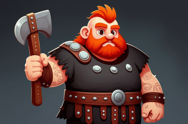 AI-generated cartoon warrior, automation-themed, red hair, black armor, axe.