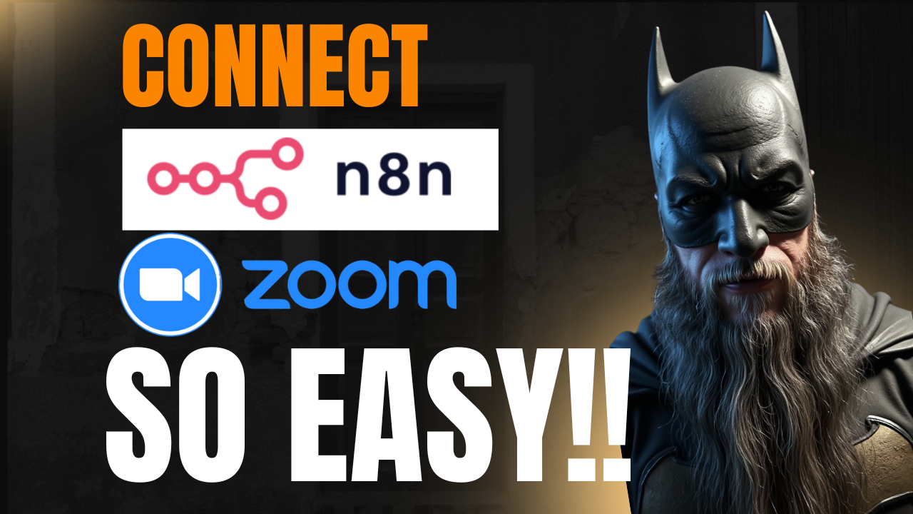N8n-Zoom AI automation workflow graphic, Batman-costumed bearded user.