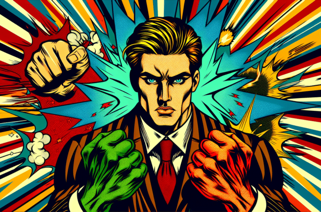 Comic-style AI-powered businessman, automation impact, explosive data lines.