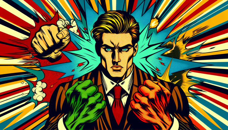 Comic-style AI-powered businessman, automation impact, explosive data lines.