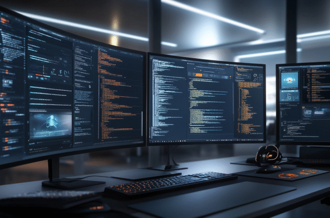 AI-powered automation workspace: triple curved monitors, coding, data, peripherals.