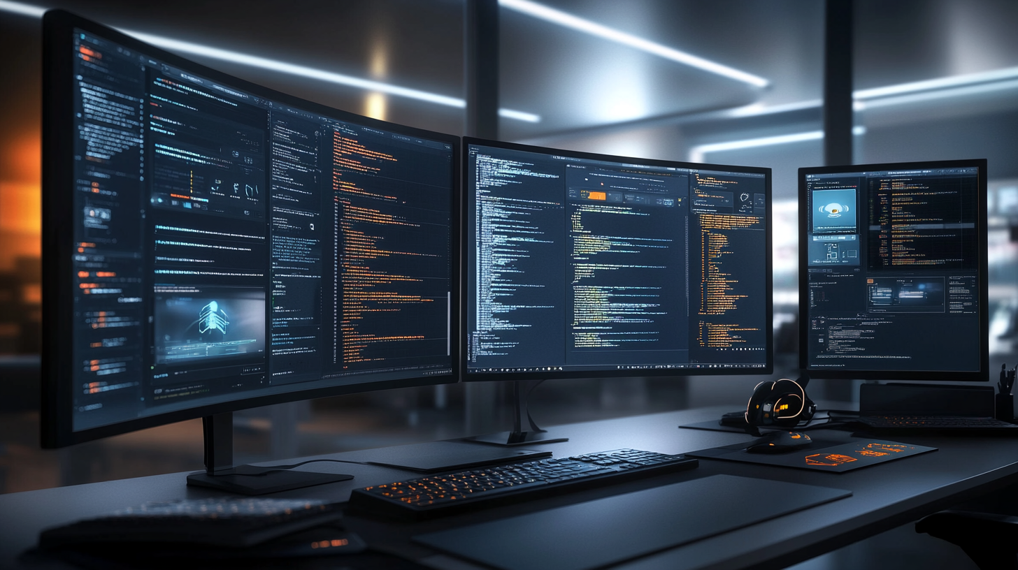AI-powered automation workspace: triple curved monitors, coding, data, peripherals.