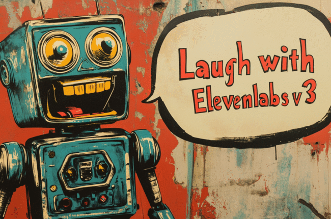 Vintage cartoon robot touts ElevenLabs v3 AI voice automation.