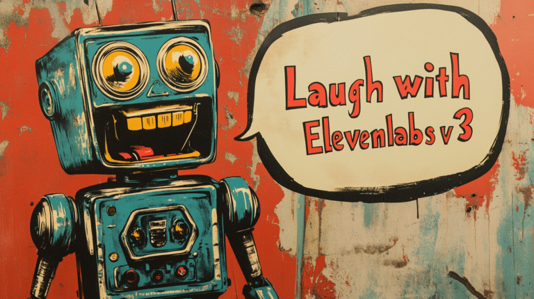 Vintage cartoon robot touts ElevenLabs v3 AI voice automation.