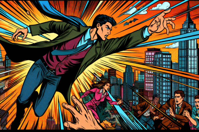 AI-powered superhero with visor, automation sparks, comic-style lightning explosion.