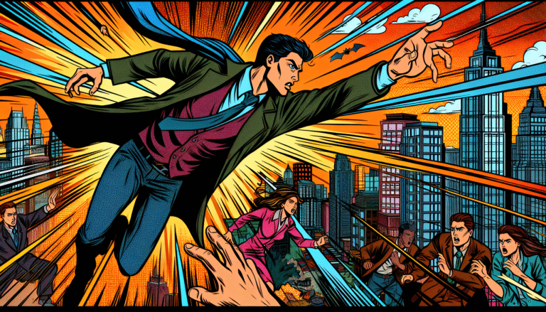 AI-powered superhero with visor, automation sparks, comic-style lightning explosion.