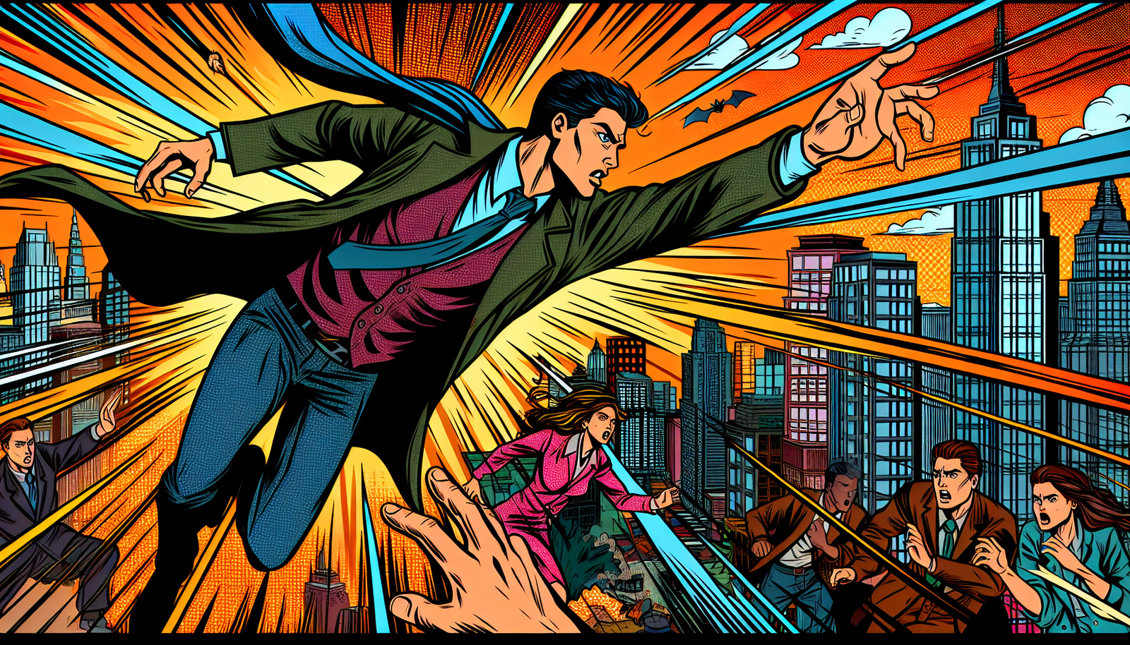 AI-powered superhero with visor, automation sparks, comic-style lightning explosion.