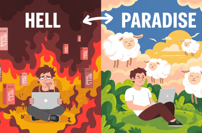 AI automation illustration: stressed vs. relaxed laptop users, errors/paradise.