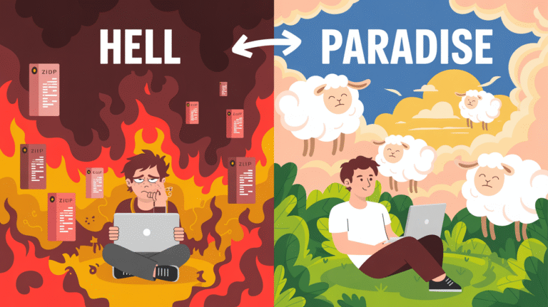 AI automation illustration: stressed vs. relaxed laptop users, errors/paradise.