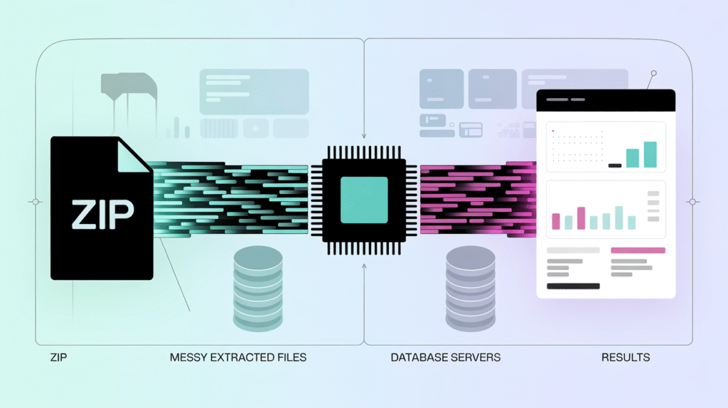 Flowchart: ZIP file, extraction, AI/Python automation, databases, organized data.