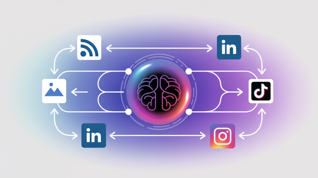 Central AI brain automates LinkedIn, TikTok, Instagram, RSS, image sharing.