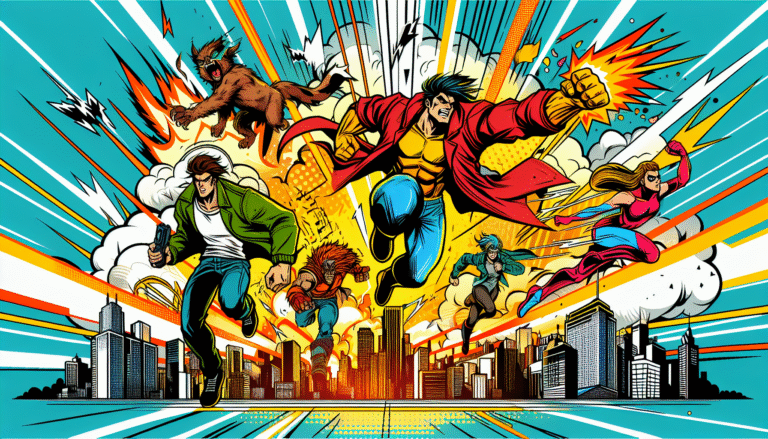 AI superheroes in action, automation powers, comic cityscape effects.