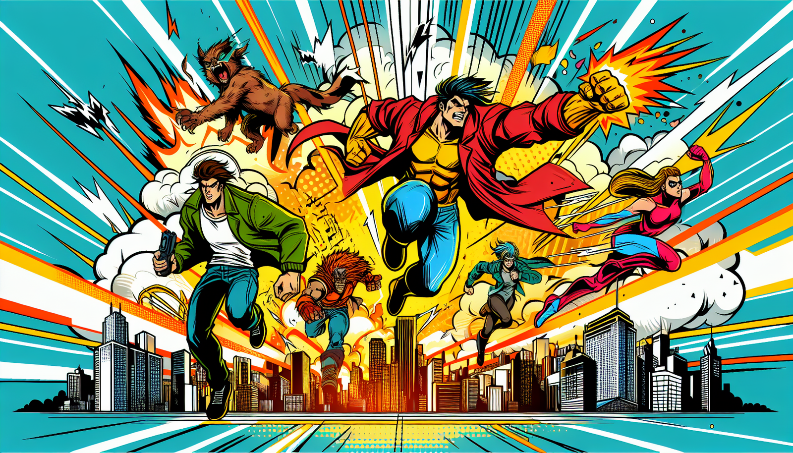 AI superheroes in action, automation powers, comic cityscape effects.