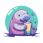 Blotato.com manatee with drink, teal tech background, automation bubbles.